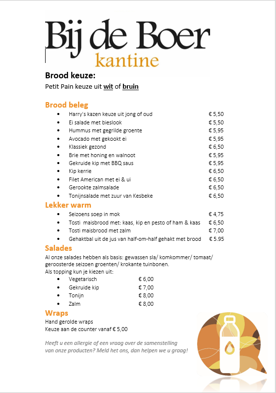 Menukaart eten - Kantine bij de Boer